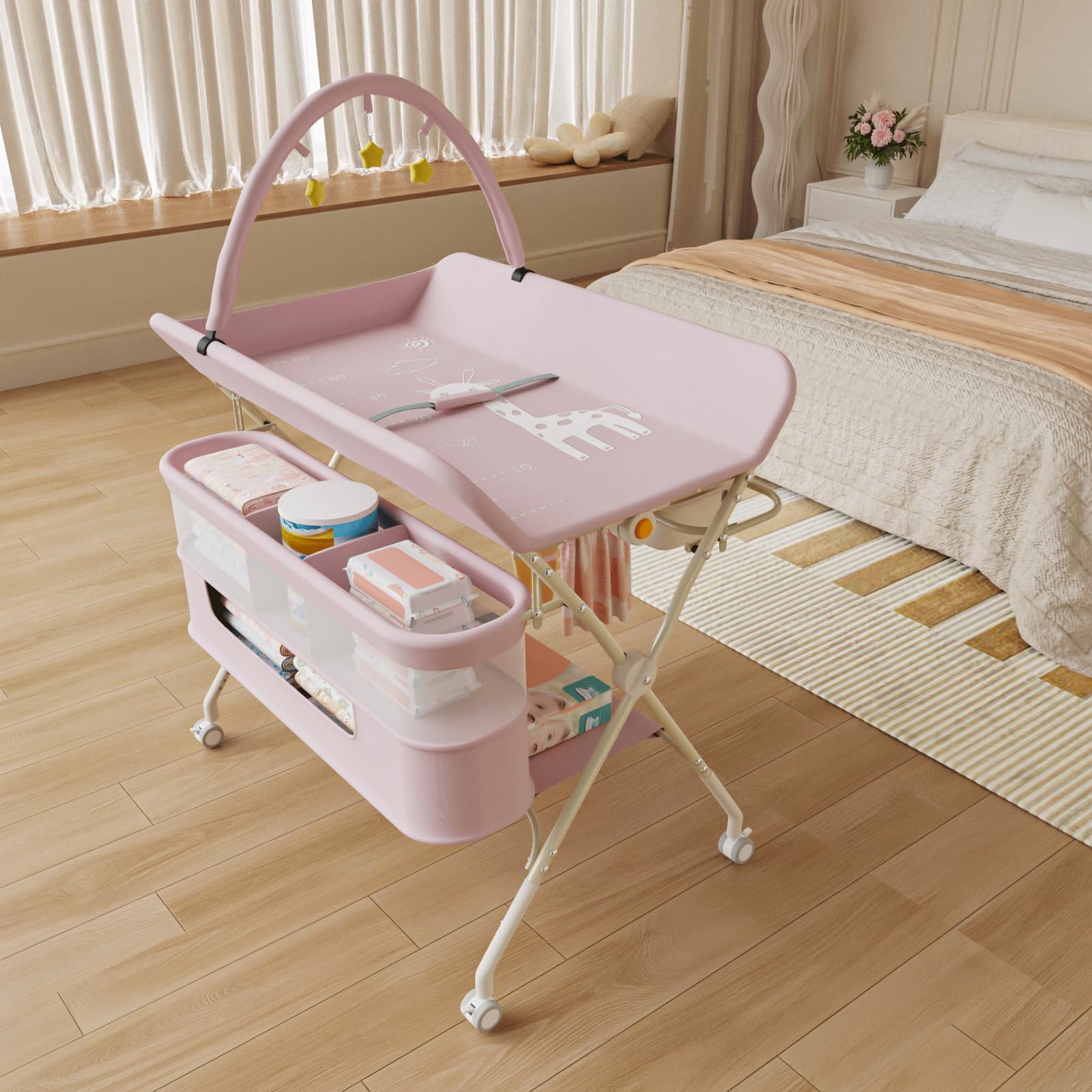 OHMG klappbare Wickelkommode Wickeltisch, Baby Wickelkombi, mit Wickelauflage Sicherheitsgurt und Ablagefächern, platzsparend stabil,mobiler wickeltisch,Baby Changing Table (B-Rosa)