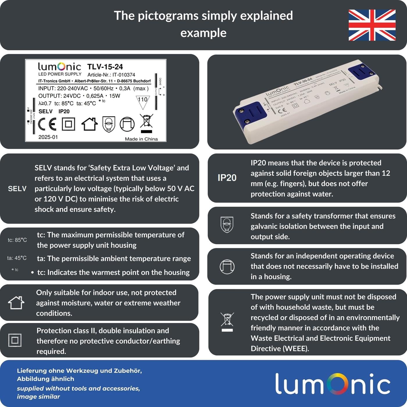 Lumonic I Transformateur LED BLV-200-12 I 12V 200W I Input 220-230VAC I sans Scintillement I Protection Contre Les surcharges I Bloc d'alimentation LED I pour l'éclairage LED