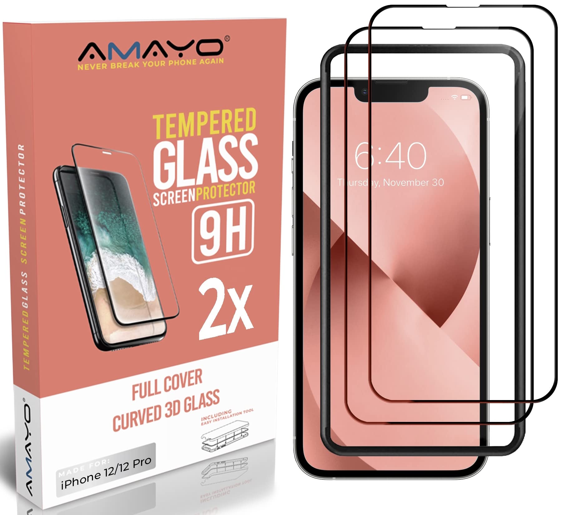 Amayo Pellicola protettiva per cellulare, 2 pezzi, 9H, Full Screen temperato, compatibile con iPhone 12/12 Pro (6,1), infrangibile, antigraffio, protettiva in vetro temperato + cornice di montaggio