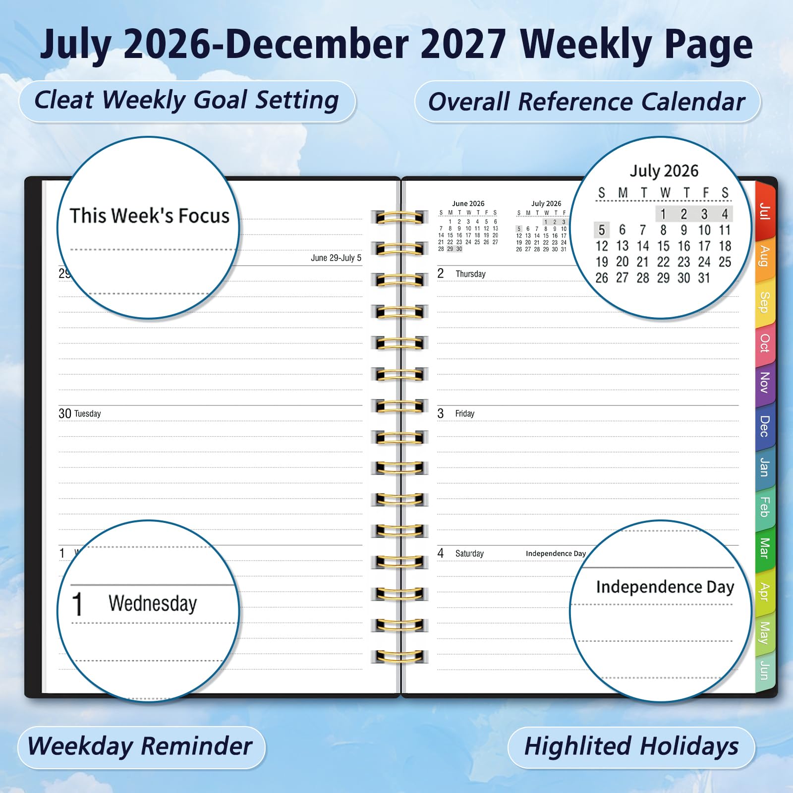 Tagesplaner 2026-2027, 18-Monatsplaner mit Registerkarten, Januar 2026-Juni 2027, Wochen- und Monatskalender, Spiralzeitmanagement, 100 g/m² dickes Papier, Doppeldrahtbindung, A5, Schwarz