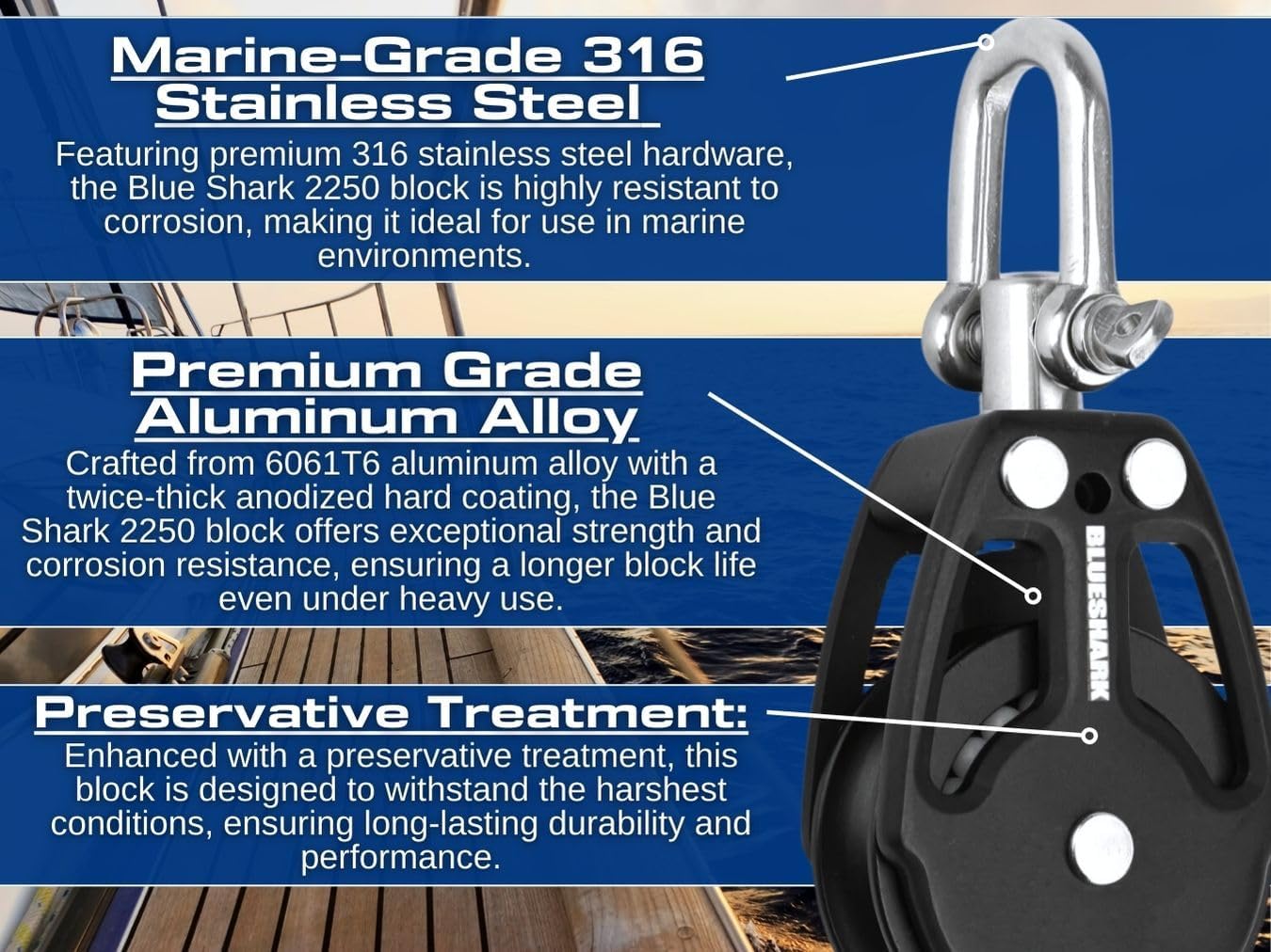 Blue Shark 2250-38mm Single Swivel Block - Max Line: 3/8” (10 mm), Safe Working Load (SWL): 900 lbs, Breaking Load: 2200 lbs (5-Pack)