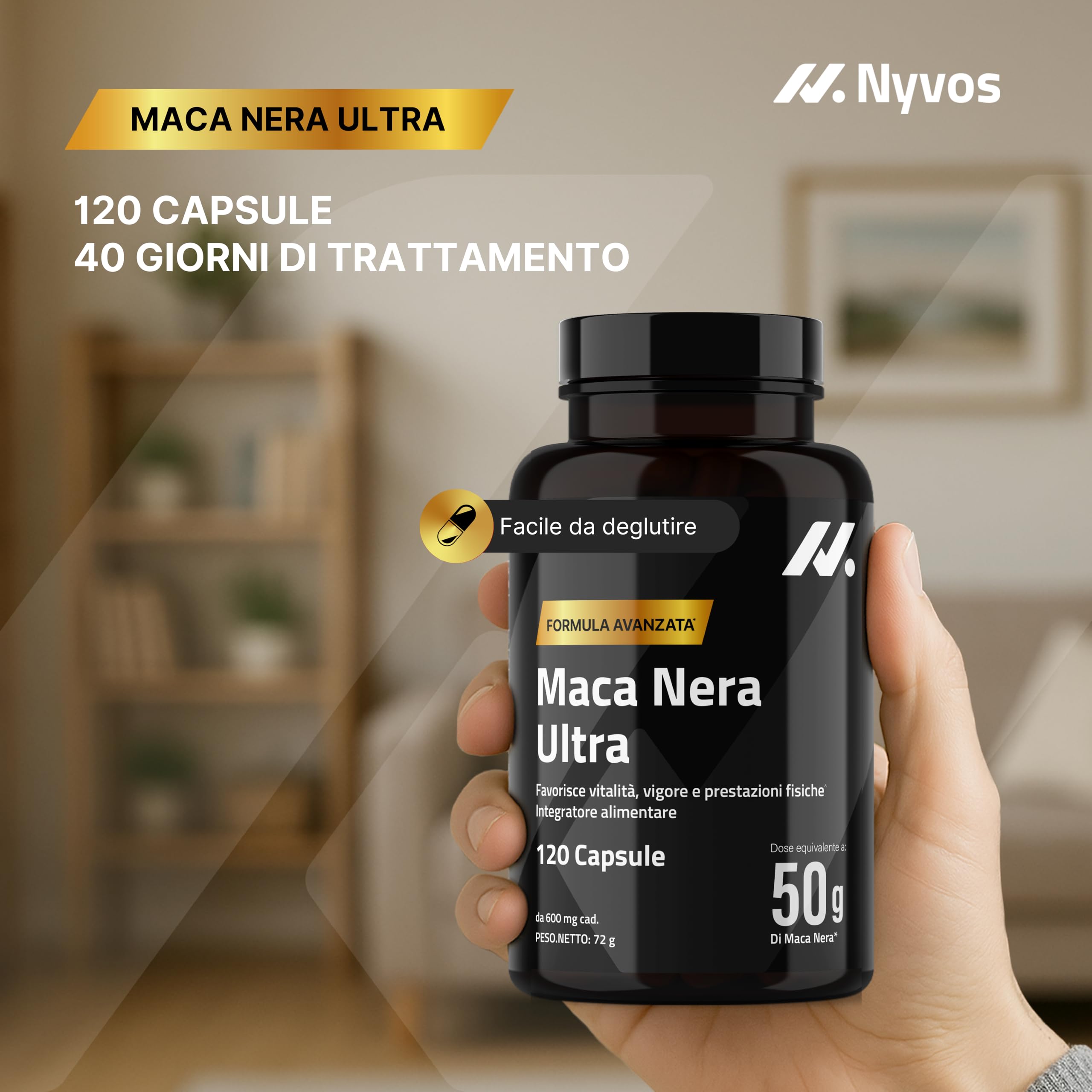 Maca Nera Extra Forte 50.000 mg 100:1 – Integratore per Uomo con Maca Peruviana, Zinco e Vitamina B6 – Energia e Vitalità – Testosterone Support – 120 Capsule – Nyvos