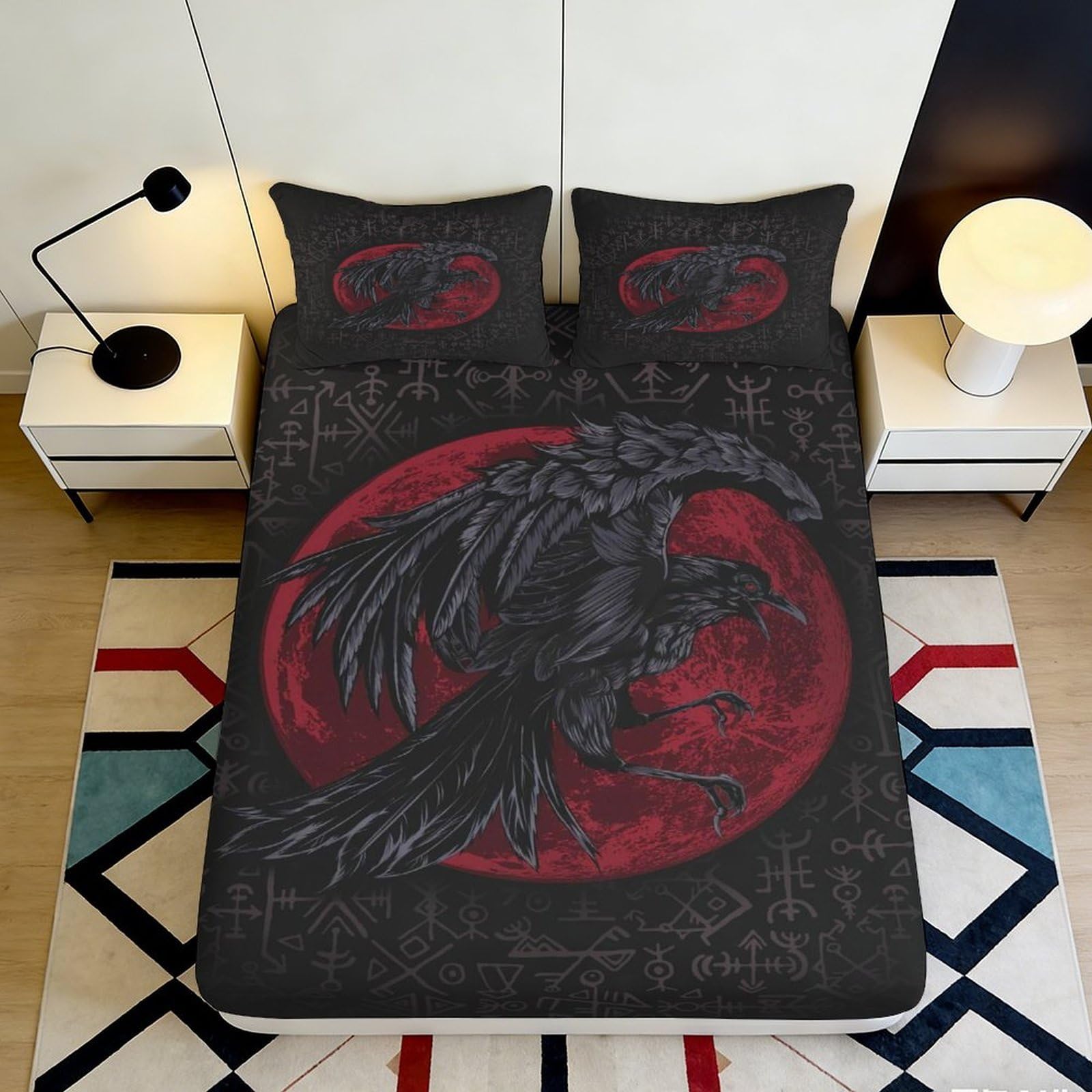3D Printed Raven Fitted Sheet Microfiber Deep Pocket Non-Slip Bedroom Bedding Raven Mattress Fitted Cover Washable for Adults 140x200x25cm