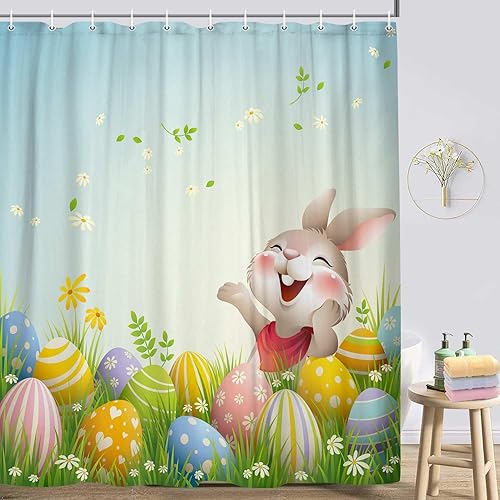 JAWO Cortina de ducha de conejo y huevos de Pascua, bonito conejito con flores de primavera, cortina de ducha de tela azul, juego de cortina de