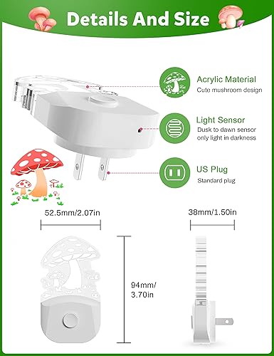 Miniatura 7 de Luz nocturna de hongos 2 unidades, lámpara enchufable, 8 luces LED de noche que cambian de color para adultos, niños, bebés, niños, luz nocturna de