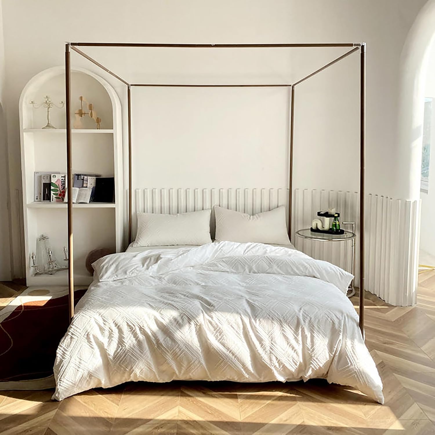 カーテン付きベッドネットキャノピー蚊帳ベッドフレームカーテンブラケット4コーナーキャノピーベッドフレームポストポールカーテン付き,B