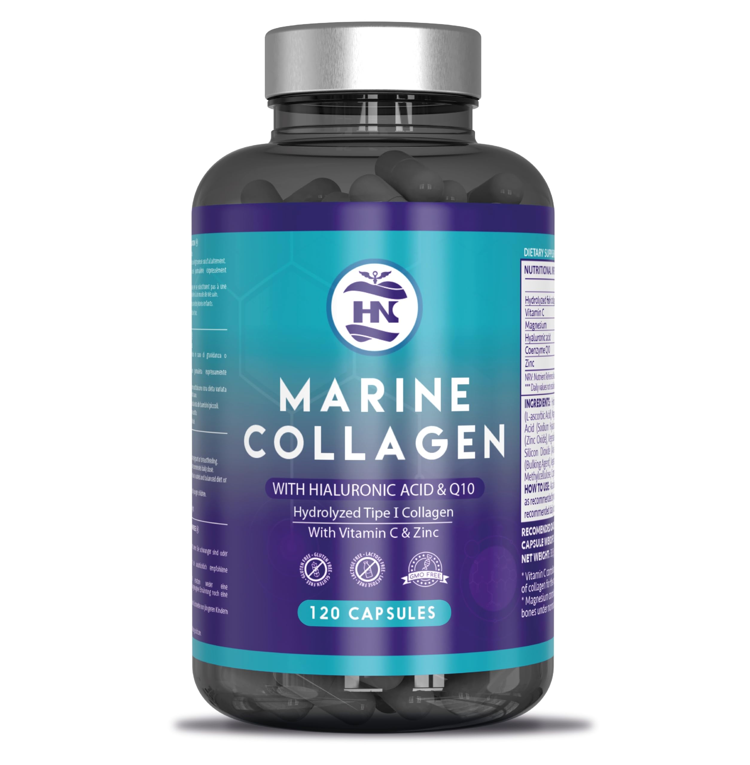 Colageno Marino Hidrolizado Puro con Acido Hialuronico con Magnesio y Vitamina C - Coéncima Q10, Magnesio y Zinc, Marine Collagen, Colágeno Marino con Acido Hialurónico (120 Cápsulas)