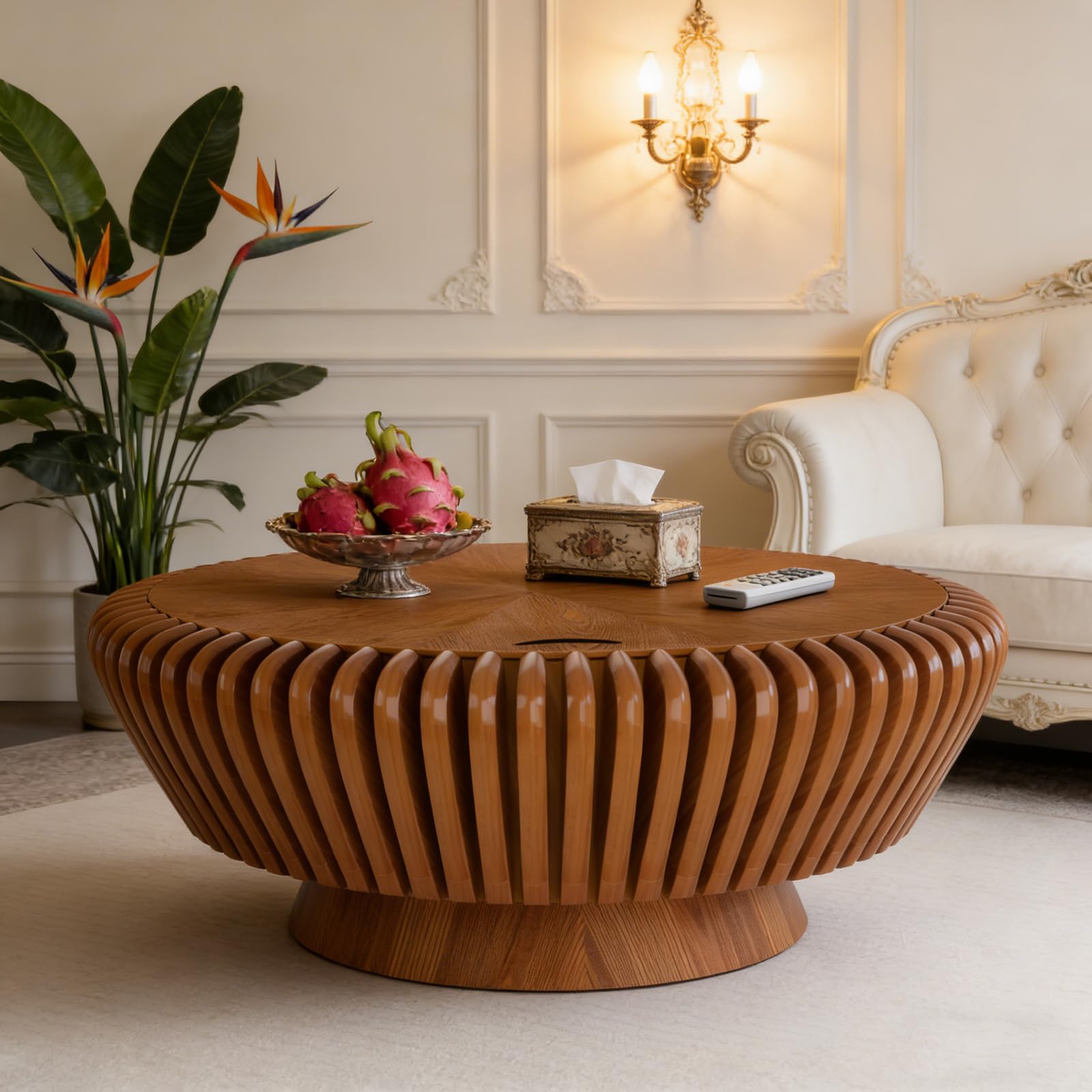 FeiZhiYanS Modern Wood Fluted Round Coffee Table
