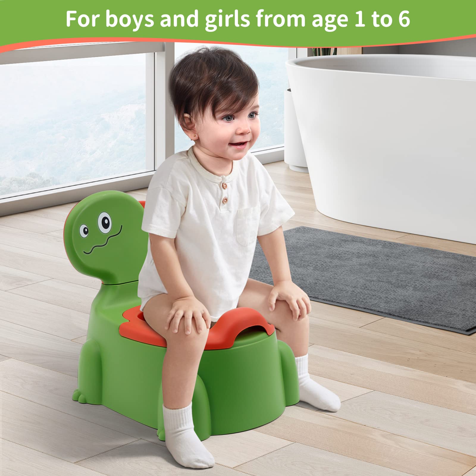 Vasino Bambini Vasetto per Bambini Wc, Toilette per Bambini a Tema Dinosauri, Vasino Portatile per Bambini da 1 a 6 Anni, Vasini Sedile con Coperchio Comodo Cassetto Vasino Mobile, Verde