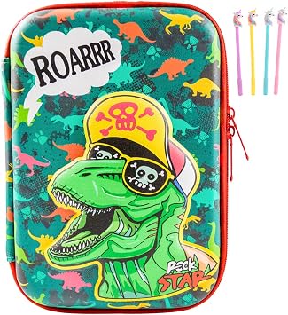 Wepop Pencil Case EVA T-rex Dinosaur Pen Pouch Holder Bag Big Capacity Desk Organizer Storage Marker Box Stationary Double Zippers for School Office Students Teen Green