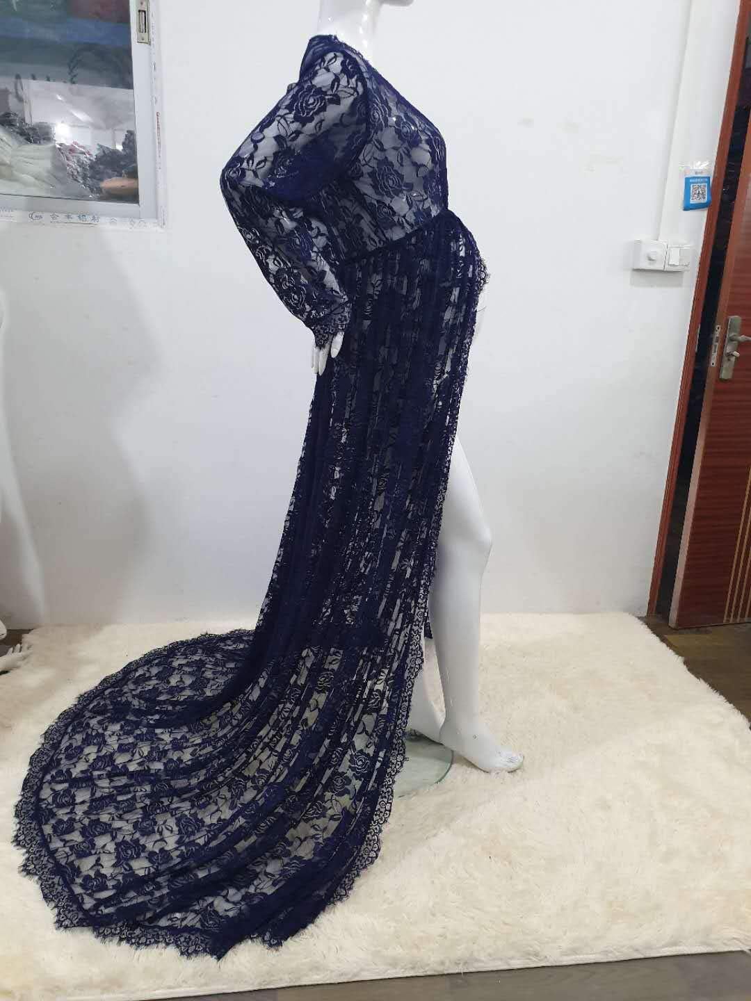 マタニティディープVネックスプリットフロントシースルーマキシレースドレス 写真撮影用 長袖