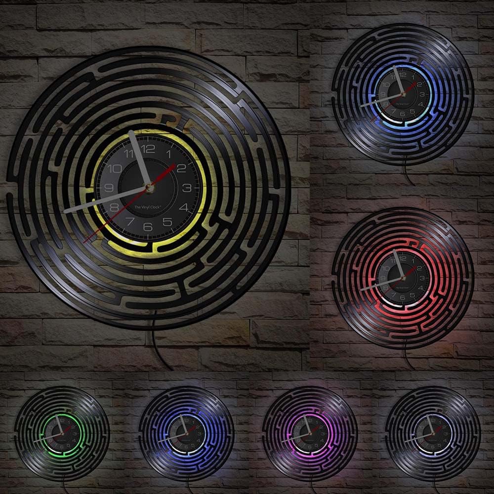 Abstract Labyrinth Minimalist Mystik Light Wall Clock with Multi-Colors LED Labyrinth Art Wall Decor Vinyl Record Wall Clock Battery Operated 12" Quartz Silent Non-Ticking Living Room Decor