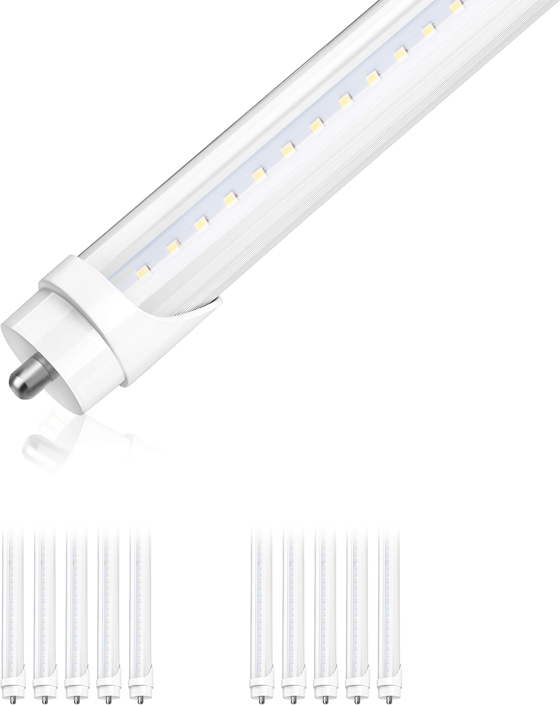 (10 Pack) Parmida LED T8 Light Tube, 8FT, FA8 Base, 48W (110W Replacement), 6000lm, ETL-Listed, Clear Cover, Shatterproof, Dual-End Powered, FA8 Single Pin Base, Bypass Ballast, 6000K (Bright White)
