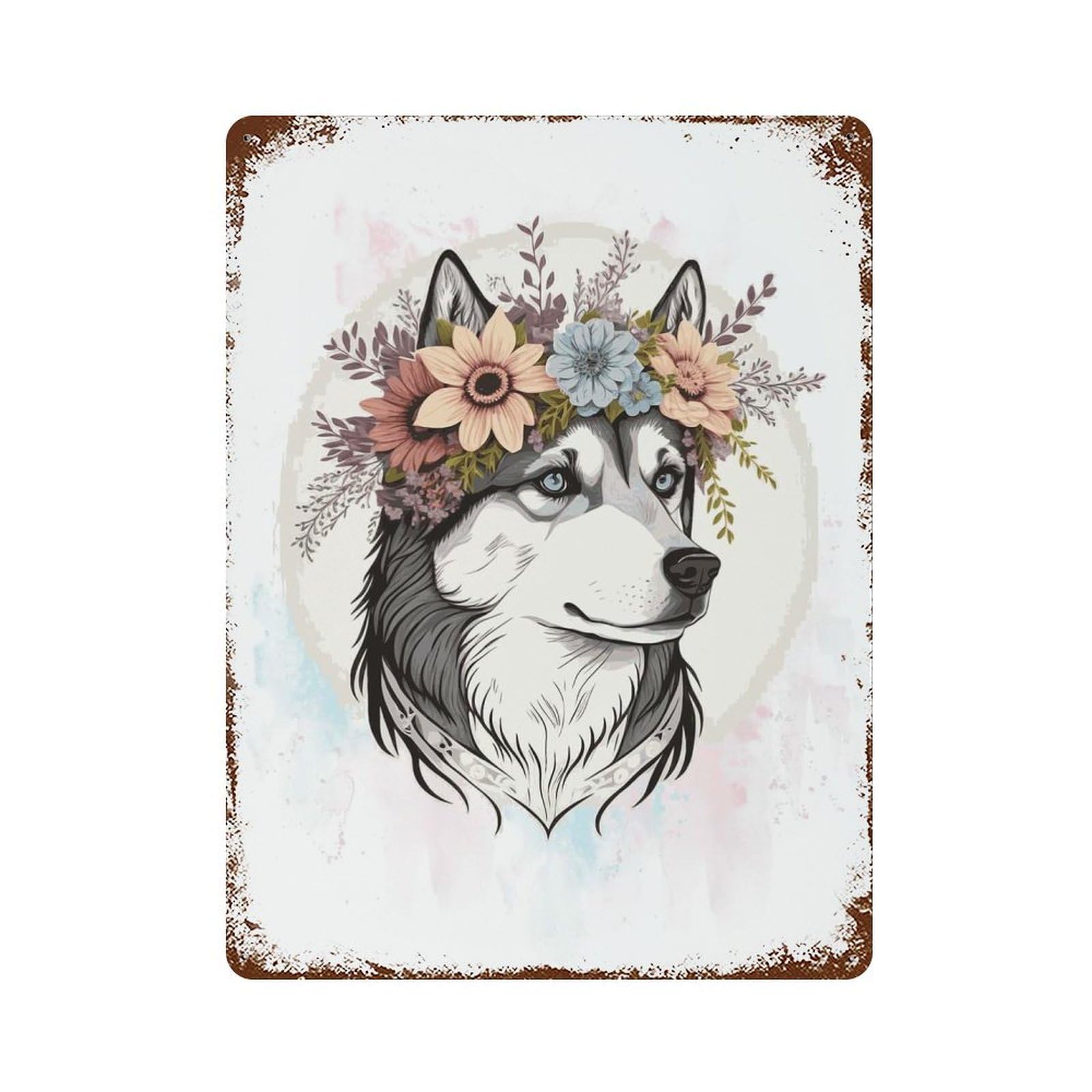 Rust Effect Floral Siberian Husky Dog Vintage Rust Metal Sign 15.7"x11.8", Farmhouse Wall Decor for Basement, Hobby Room And Garage Decor