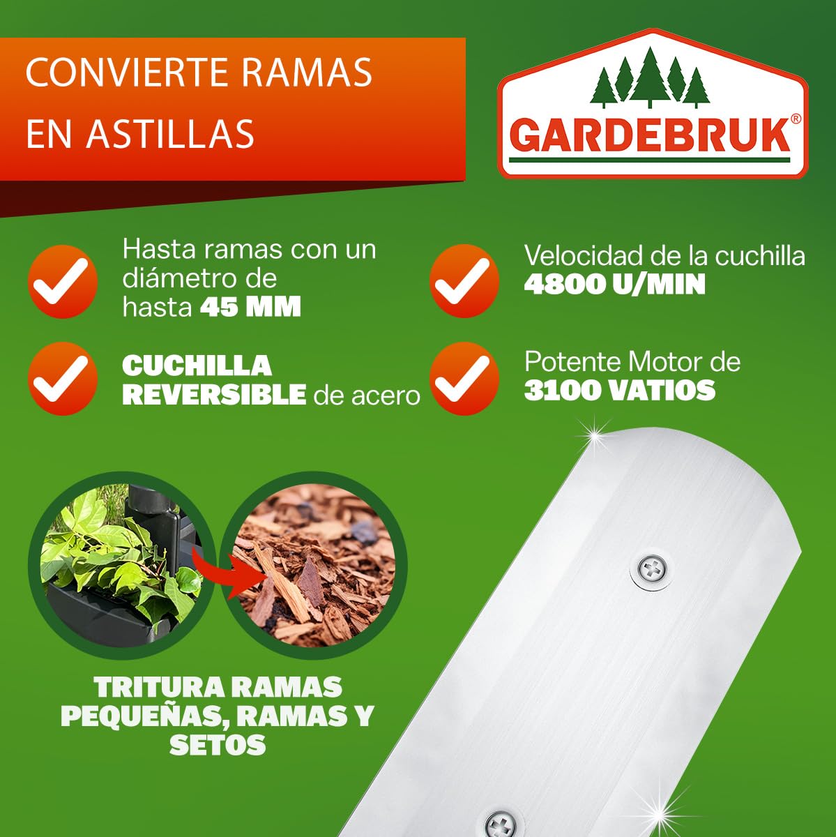 GARDEBRUK® Trituradora de Ramas Ø45mm, Triturador Electrico Jardin, Corta Troncos Leña, 2400W, Bolsa de Recolección 50L, Cuchillas de Acero, Residuos