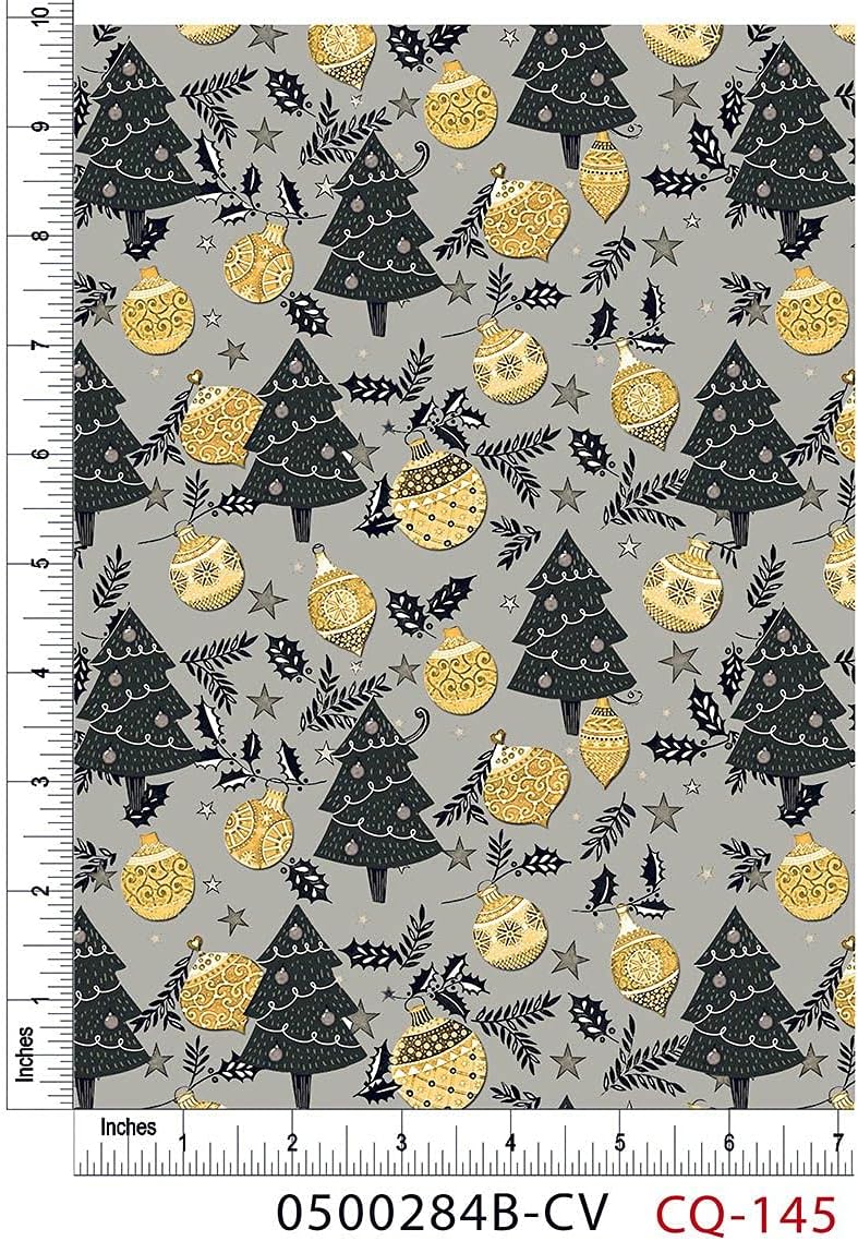 Golden Christmas (Grey) Design 100% Cotton Quilting Fabric by The Yard (Grey, Black, Gold, White)