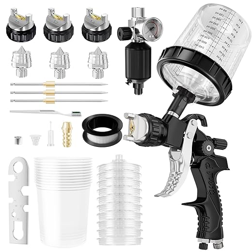 HVLP Air Spray Gun with 1.4/1.7/2mm Nozzles & Air Compressor Regulator, Air Spray Paint Gun w/10pcs 600cc Mixing Cup and Lids, Automotive Paint Sprayer for Car, House Painting, Furniture