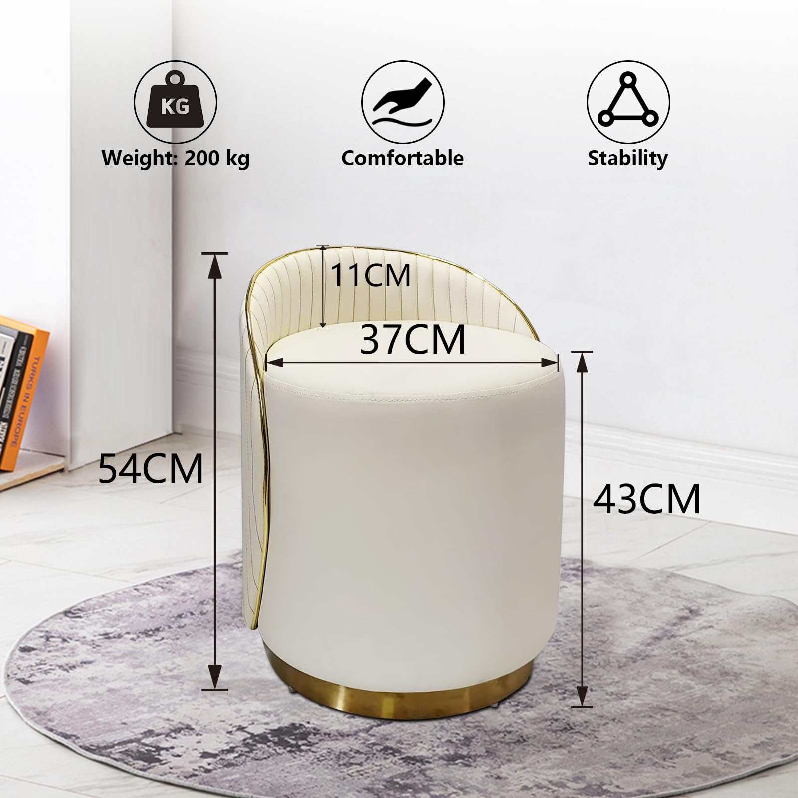 Hocker mit Lehne, Schminkstuhl 360° Drehbar, Sofa Hocker, schreibtischhocker, Make Up Stuhl, Schreibtischhocker und Büro fusshocker Ideal als Kosmetik Stuhl (Cremefarben)