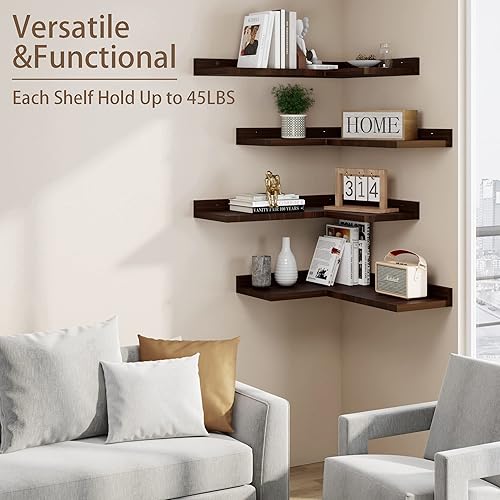 Miniatura 3 de Juego de 4 estantes de esquina flotantes de 4 niveles, estante de pared flotante de madera de pino rústico para almacenamiento de decoración de