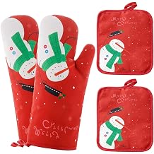 Oven Mitts and Potholders BBQ Gloves-Oven Mitts and Pot Holders with Recycled Infill Silicone Non-Slip Cooking Gloves for Cooking Baking Grilling (4-Piece Set) (Red Christmas Snow)