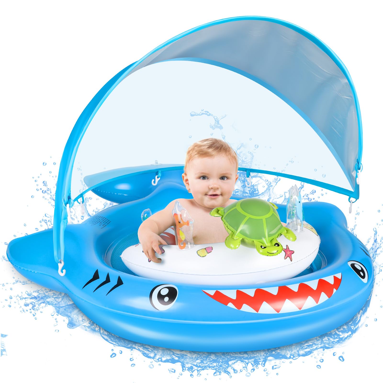 IEEILULU Salvagente Neonato, Ciambella Neonato Mare con Parasole Olare Rimovibile UPF50+, Salvagente Bambino con Giocattolo a Forma C Della Tartaruga e Adesivo Riparazione per Bambini da 6 a 36 Mesi