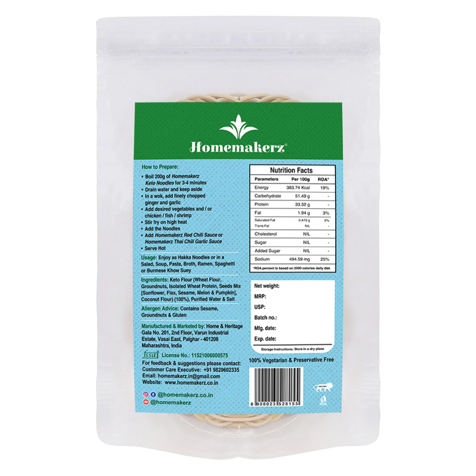 Homemakerz Keto Noodles, Natural, Preservative, Fat Free, Not Fried & No Oil, Healthy & Tasty Hakka Noodles With High Protein, 200g 1