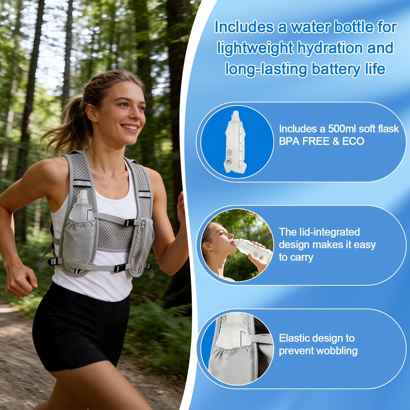 Gilet de Course pour Homme et Femme, Gilet Hydratation Running avec Bouteille Souple de 500 ML, Sac à Dos d'hydratation pour la Course en Extérieur, Le Jogging, la Randonnée et Le Cyclisme - 5