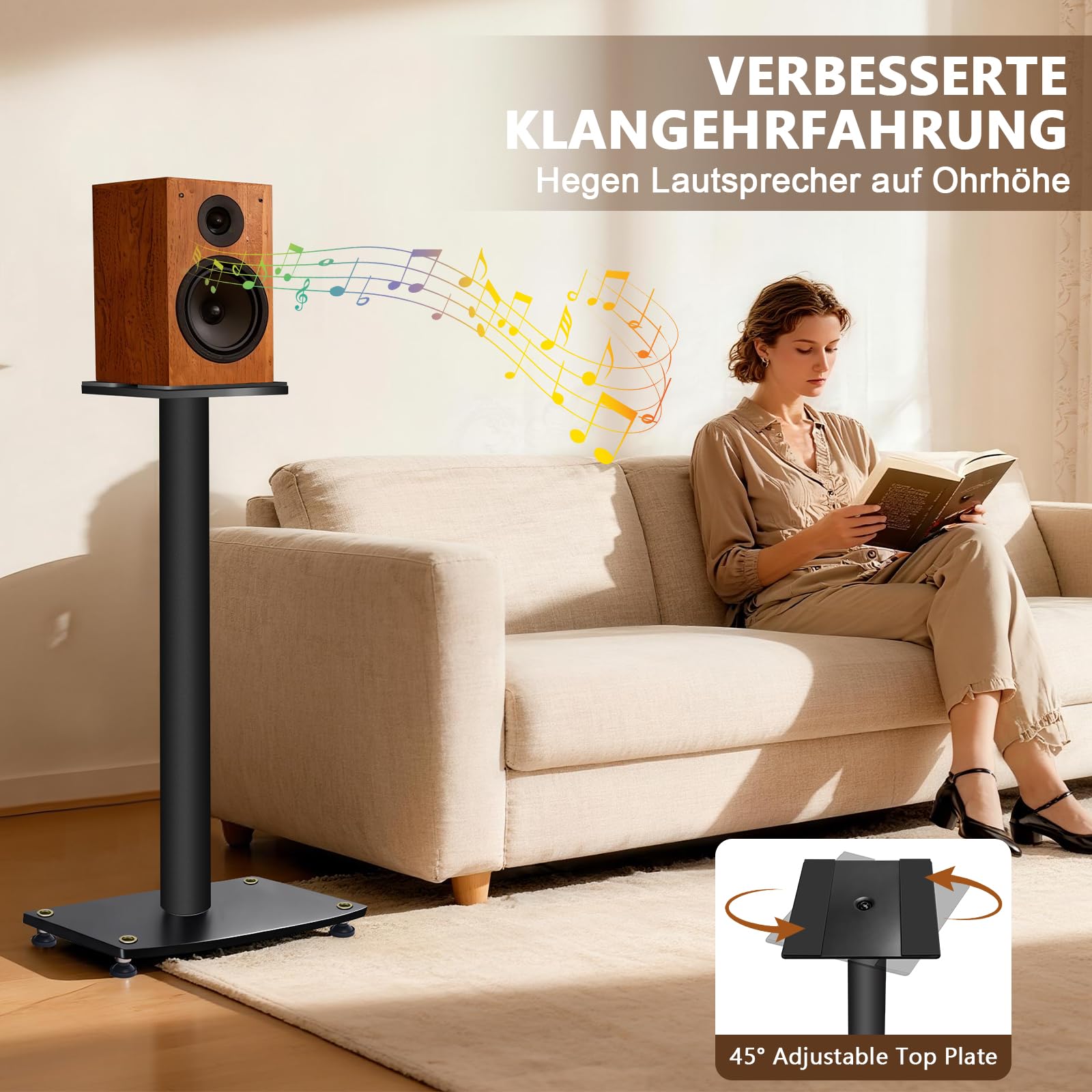 Supporto universale per altoparlante in metallo, supporto per casse con piastra superiore regolabile a 45°, per altoparlanti satellitari, supporto per cavi, piedini intercambiabili, portata 10 kg, 1