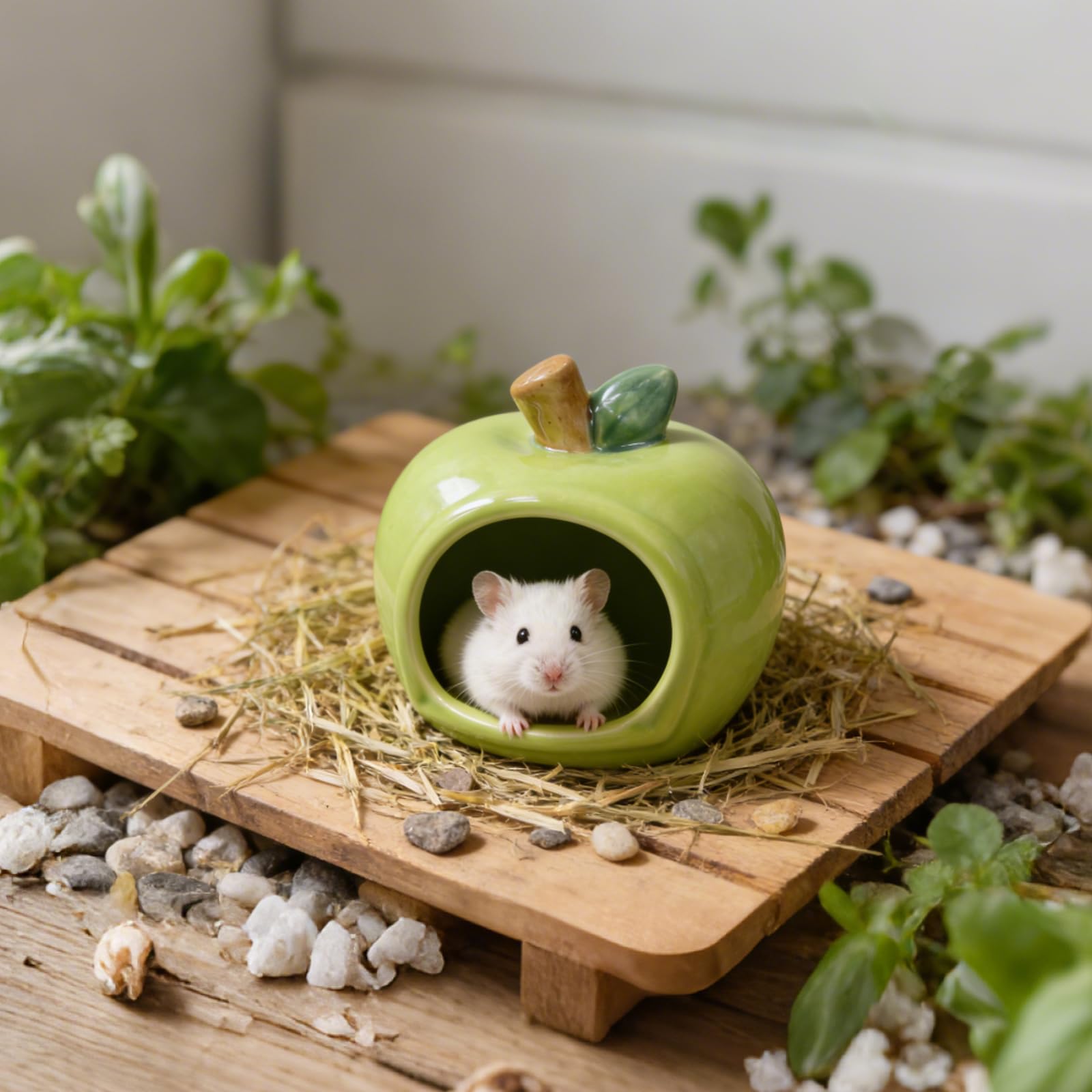 Nascondiglio in ceramica per criceti, non tossico, piccolo habitat a forma di mela, resistente alla masticazione, rifugio smaltato per criceti nani, gerbilli, orsi d'oro (verde)
