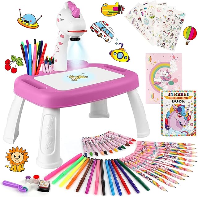 Drawing Projector Table with 72 Patterns Kids Drawing Painting Supplies with Pens,Pencils,Crayons,Scrapbook,Sticker Book,Unicorn Stickers,Stamps Art Projector with Music Toy for Girls Boys 3+ Year Old