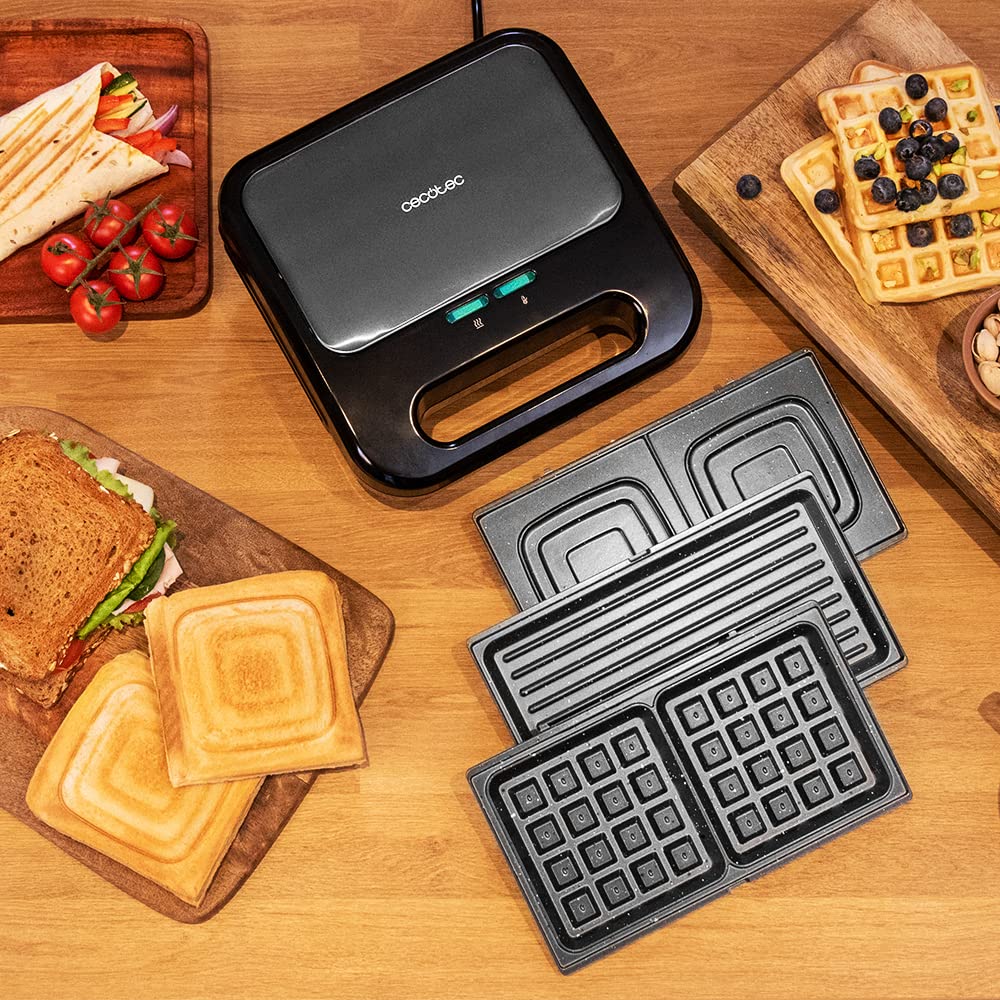 Cecotec Appareils à sandwich et presses à panini Rock'nToast Deep 3in1. Appareil panini gaufre croque monsieur 3-en-1, plaques amovibles,antiadhérent, 1000W, inox, sans PFOA, position verticale
