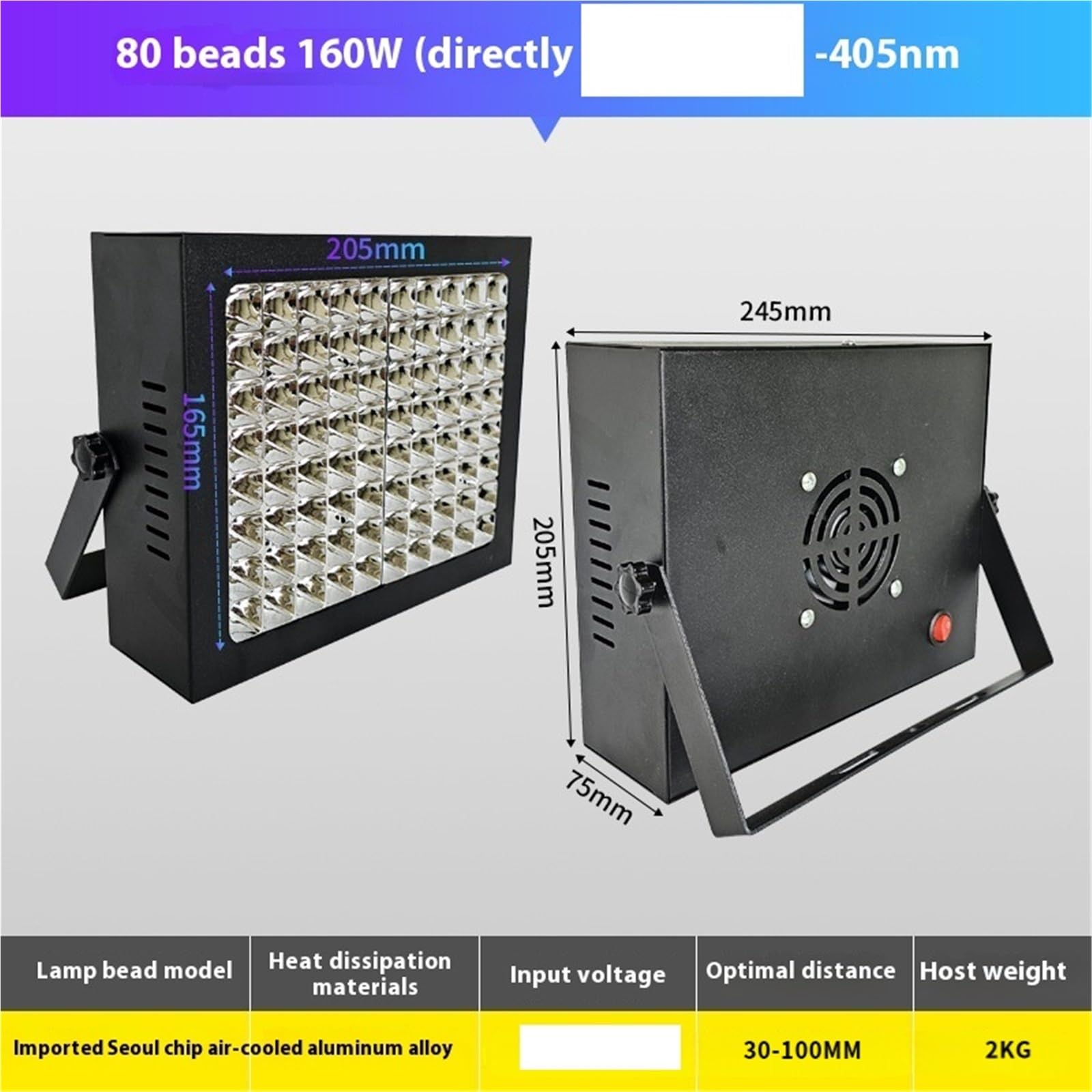 Lampa utwardzająca UV LED Lampa UV LED (365-405 nm) do klejów, tuszy, żywic i szybkiego utwardzania przy chłodzeniu powietrzem(160W-405nm)