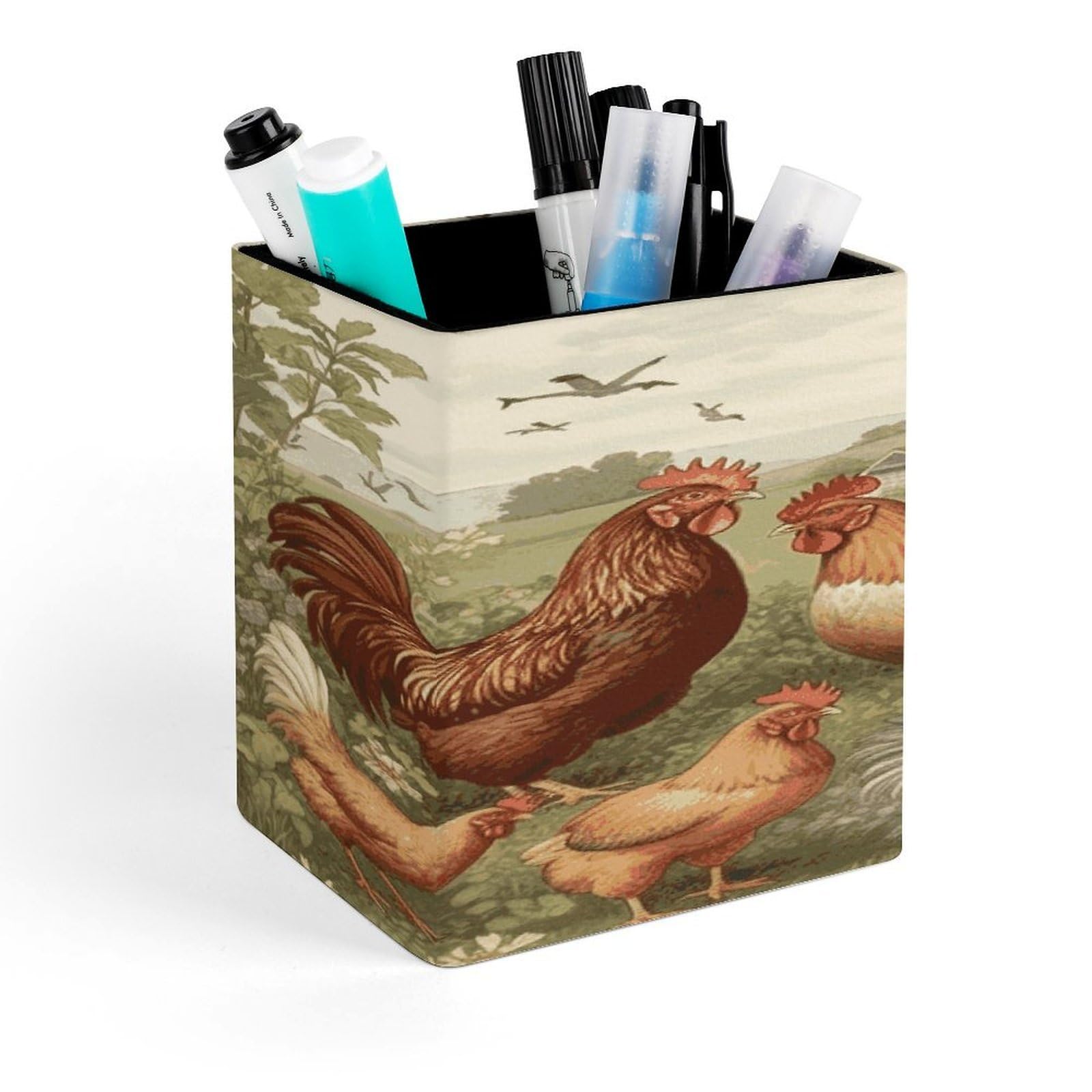 FekiLoot Chickens And Farm Pencil Holder for Desk Square Leather Pen Holder Cup Desktop Organizer Multi-Functional Pencil Cup Holders Modern Decorative Desk Organizer Caddy Makeup Brush Holders