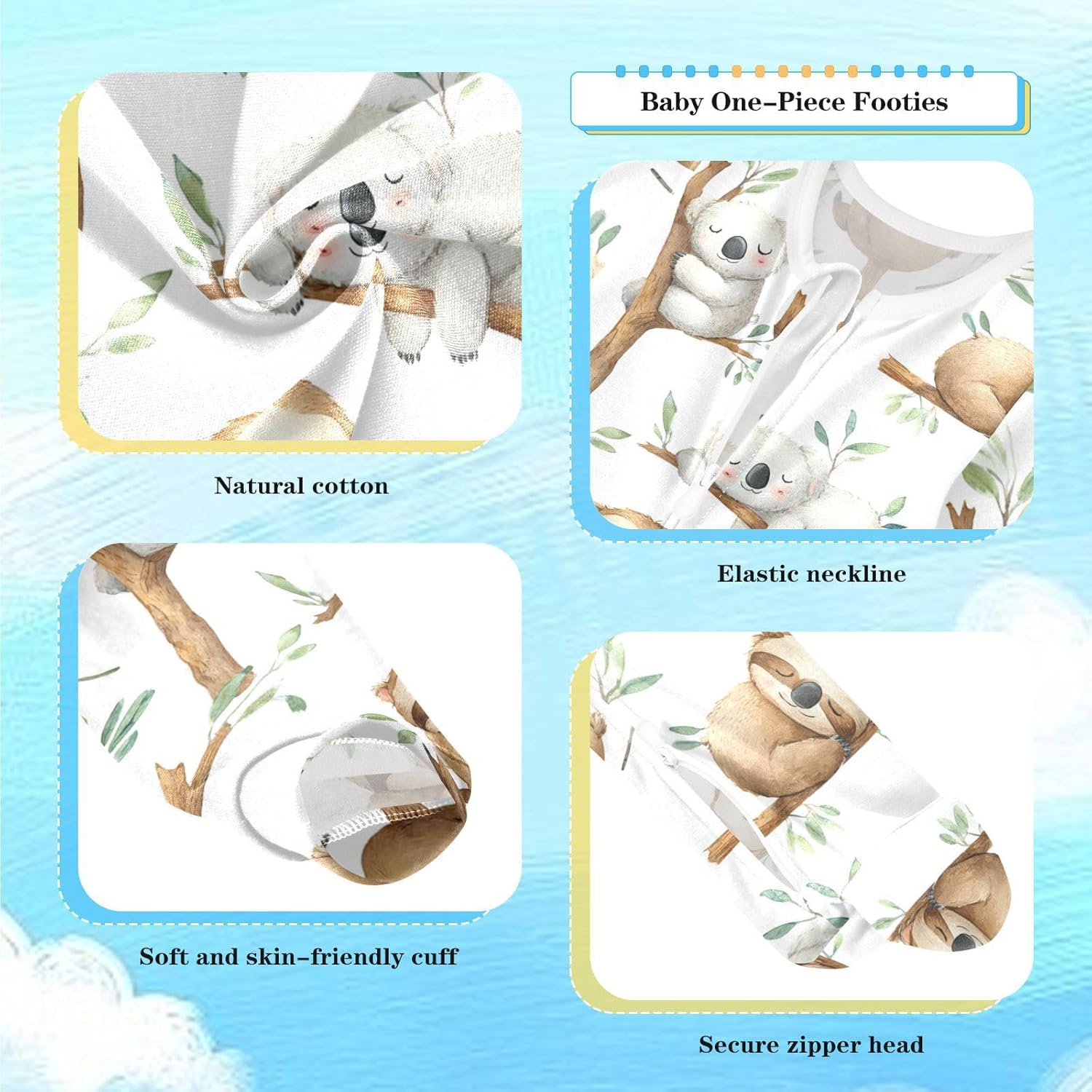 Dussdil Sloth Koala Baby One-Piece Footies Tropical Leaves Newborn Rompers Pajamas Cotton Footed Pjs for Sleep Play Boys Girls 9M - Image 3