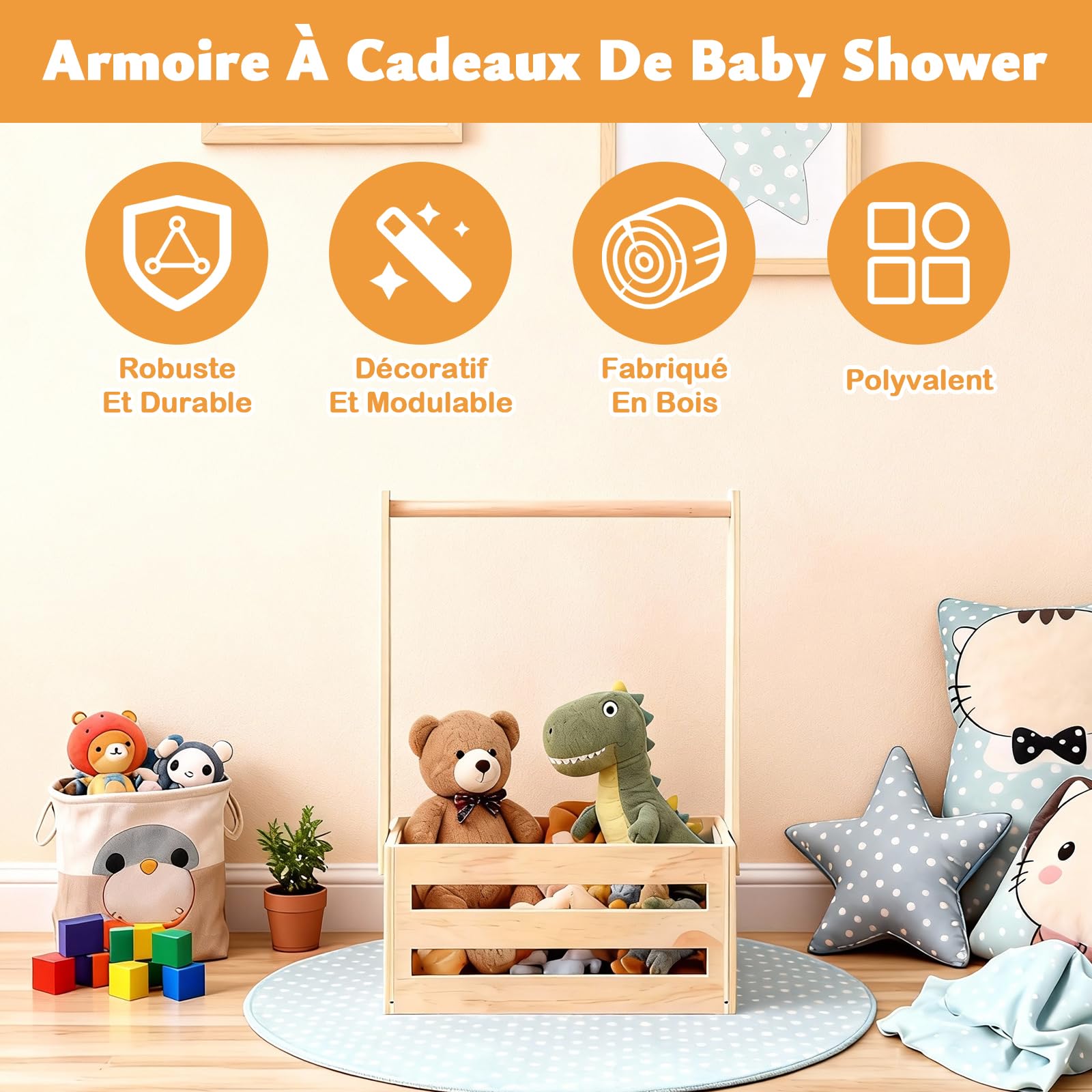 Cadeau Baby Shower avec Panier en Bois | Panier de Rangement Pratique pour Bébé avec 6 Cintres en Bois et Guirlande Florale Artificielle | Ensemble Cadeau pour Baby Shower et Fête de Naissance