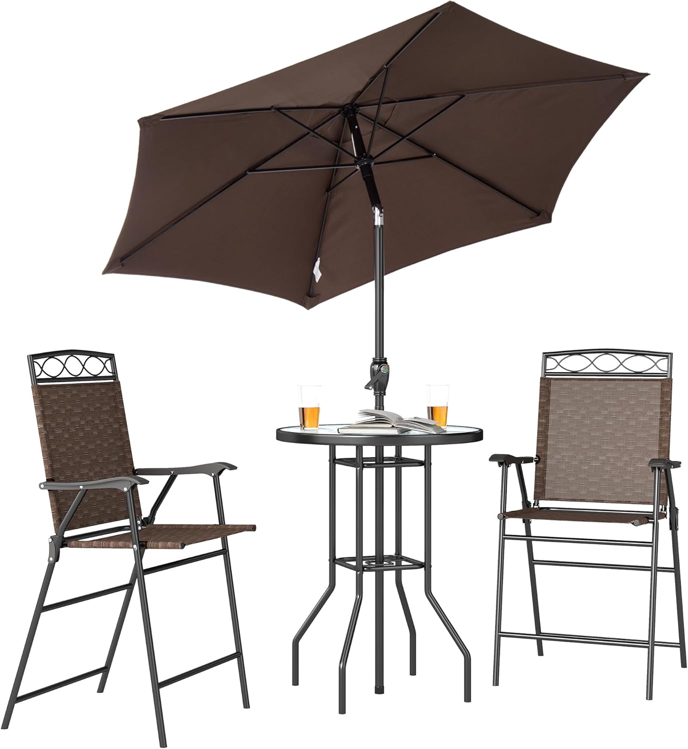 Outsunny 4 Piece Outdoor Bar Set with Umbrella, Patio Dining Set with 2 Folding Chairs, Wave Textured Tempered Glass Table for Backyard, Garden, Deck, Poolside, Brown