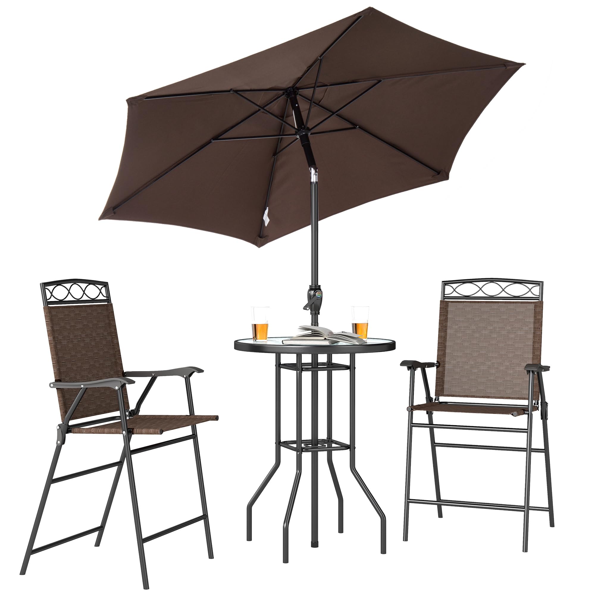 Juego de 4 muebles de comedor para patio al aire libre, 2 sillas plegables, paraguas de ángulo ajustable, mesa de comedor de vidrio templado con textura ondulada, color marrón