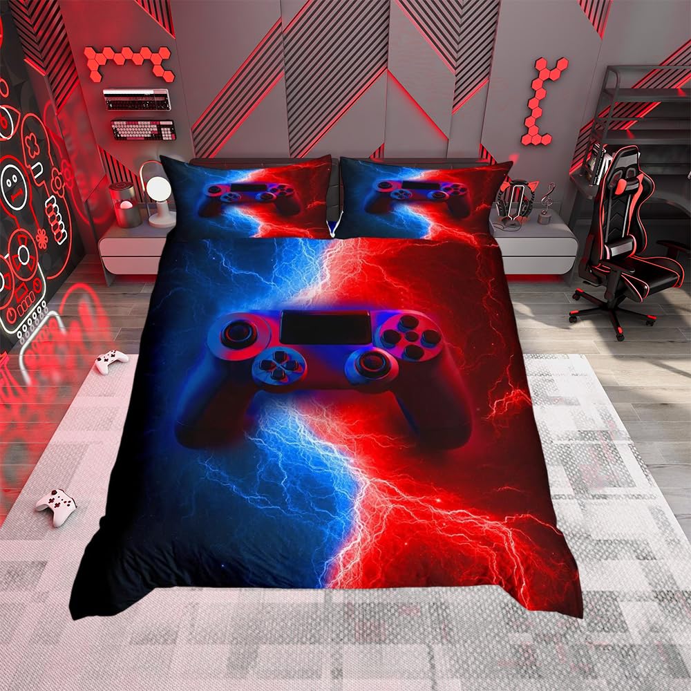 Gamer Bedding Set,Single,Lightnings Gamepad,Duvet Cover Video Games Children,Boys,Men,Modern 2 Pieces,Red Blue OEKO-TEX STANDARD 100