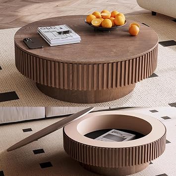 Large Round Wood Coffee Table with Storage for Living Room