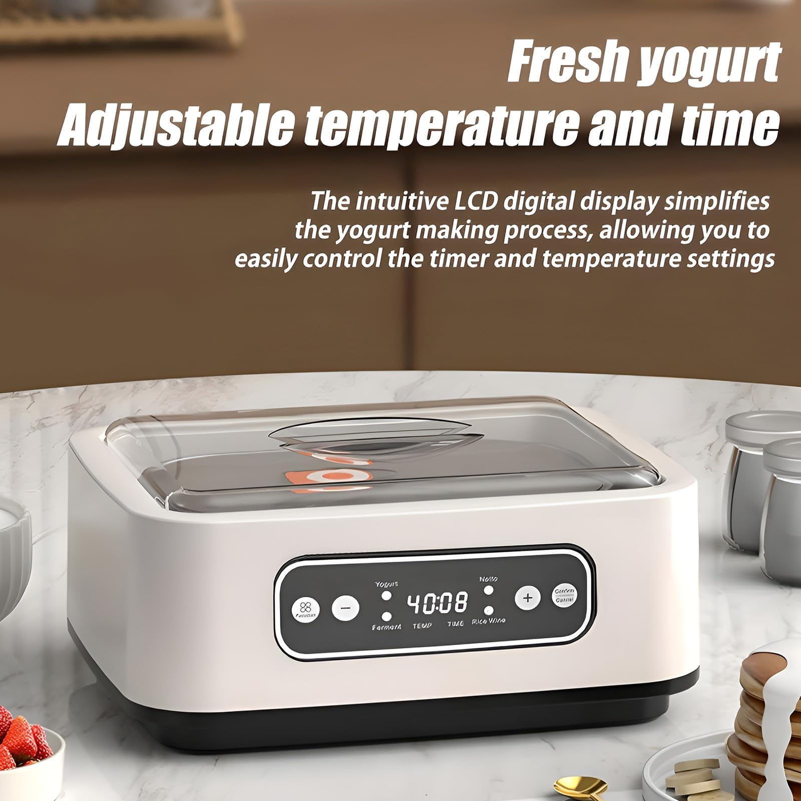 Máquina automática de yogur, máquina eléctrica con temperatura ajustable, pantalla digital LCD y 9 tarros de vidrio para yogur, natto y alimentos fermentados