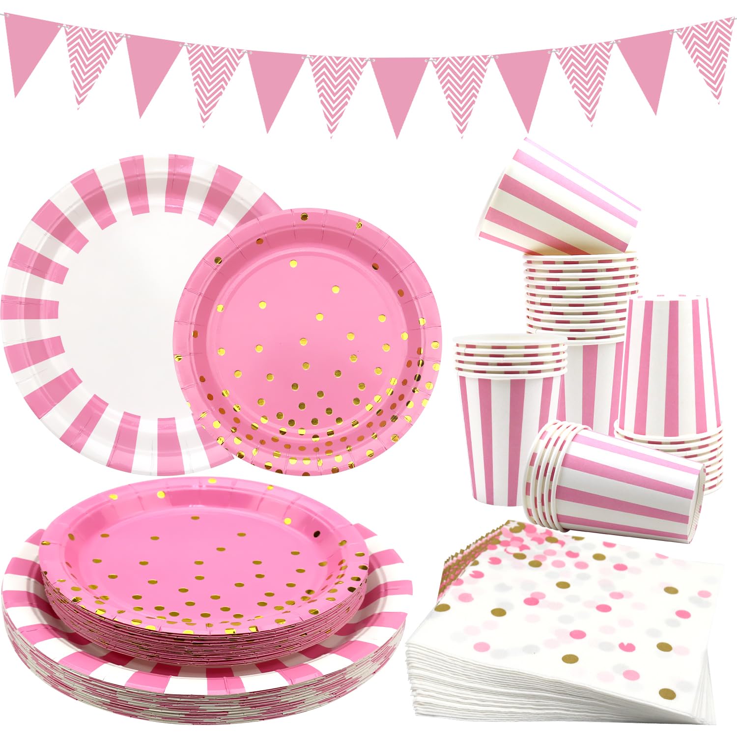 Pink and Silver Dot Paper Party Tableware Supplies, Includes Plates, Cups, Napkins, for Wedding Anniversaries Baby Shower Birthday Party Decorations, Serve 24 Guests (Serve 24)