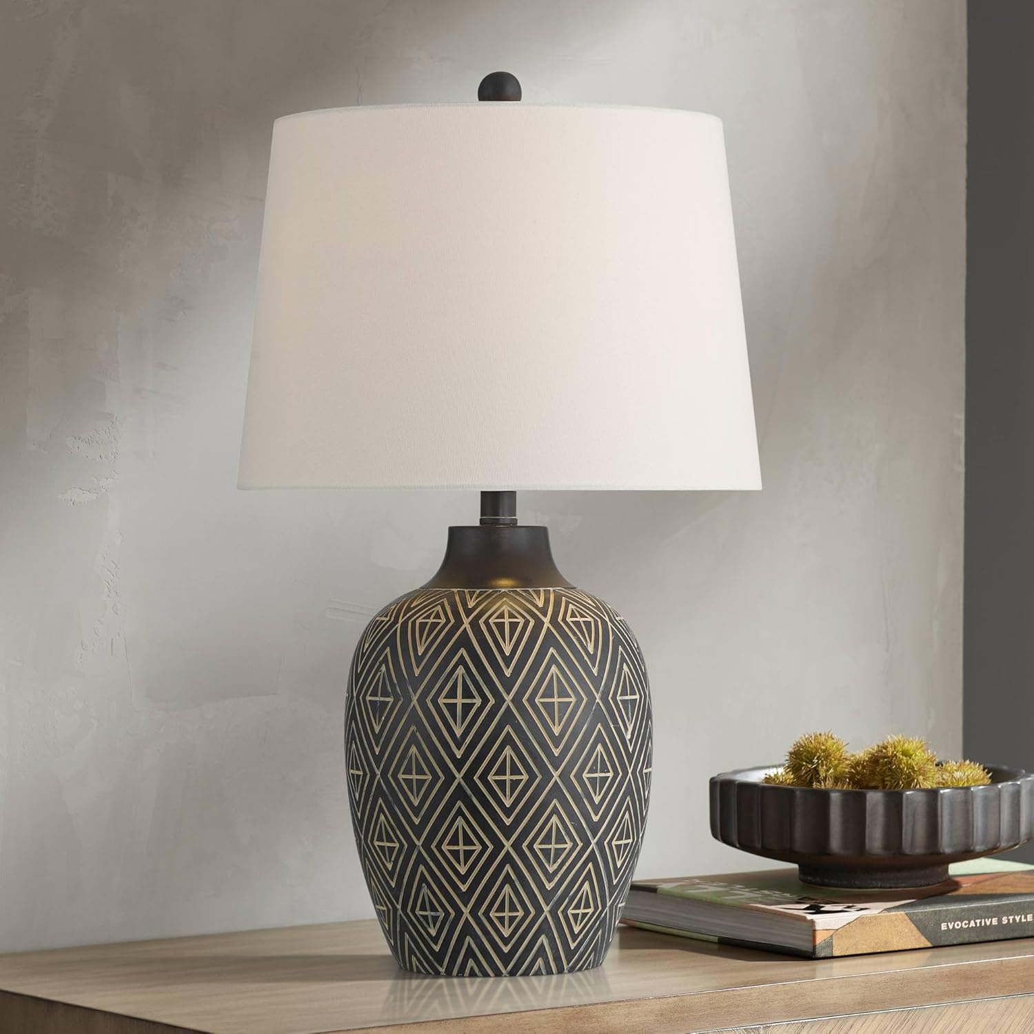 360 Lighting Benito 23 1/2" High Modern Accent Jar 3-Way Table Lamp Black Diamond Pattern Finish Single Fabric White Shade Living Room Bedroom Bedside Nightstand House Office Family Reading Kitchen
