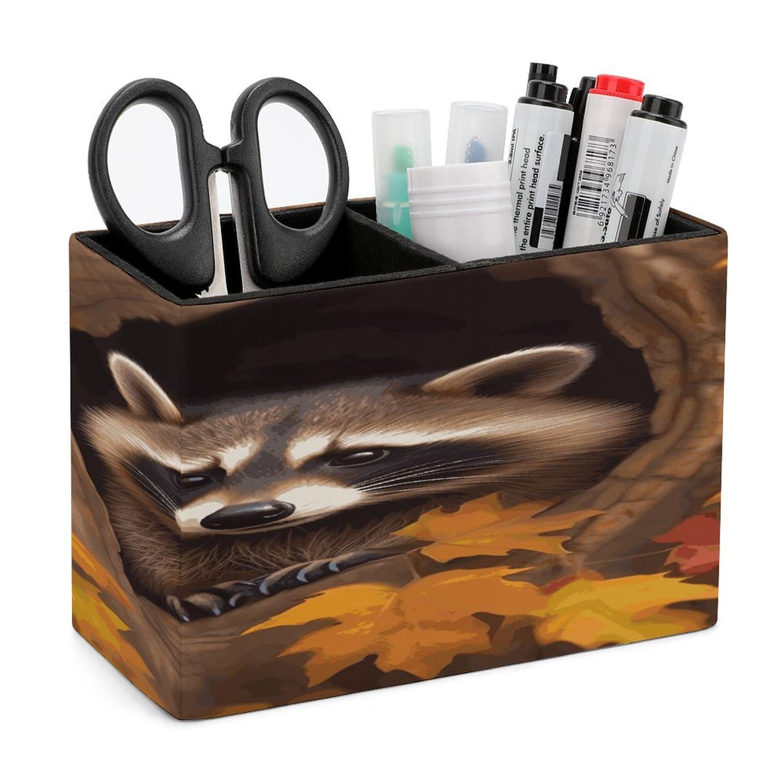 LDGSUPH Raccoon in The Fall Tree Hole Leather Pen Holder for Desk Organizer Caddy Large Pencil Cup Multi-function Pencil Holder Makeup Brush Holders Pen Organizer for Home Office Storage Box