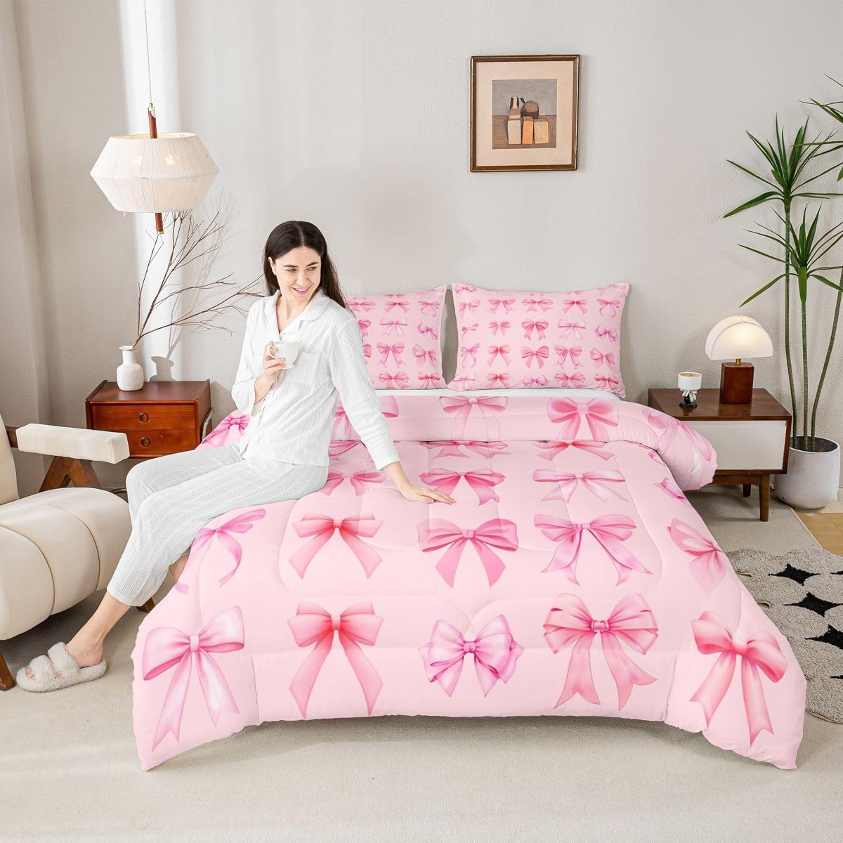 Feelyou Pink Bowknot Comforter Set Twin Size Cute Bow Bedding Set for Kids Boys Girls Kawaii Dreamy Princess Duvet Quilt Bedroom Decor Microfiber 2 Pcs with 1 Pillow Cases