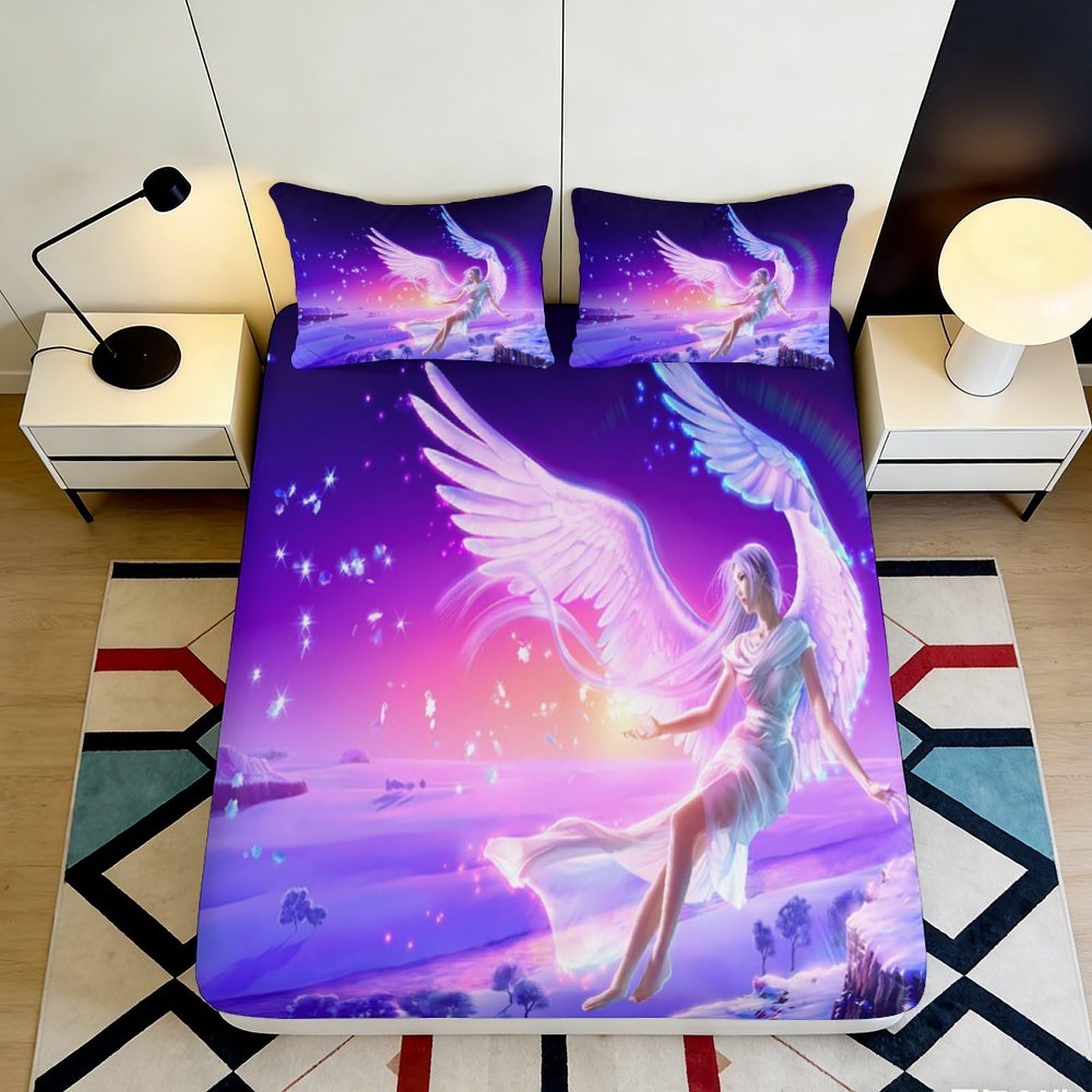 3D Printed Angel Fantasy Fitted Sheet Microfiber Soft Purple Blue Mattress Cover for Bedroom Dorm Decorative Protection 160x200x25cm