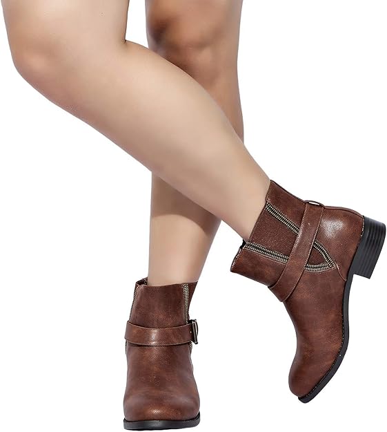 Women's Wide Width Ankle Boots, Chunky Block Low Heel Slip On Side