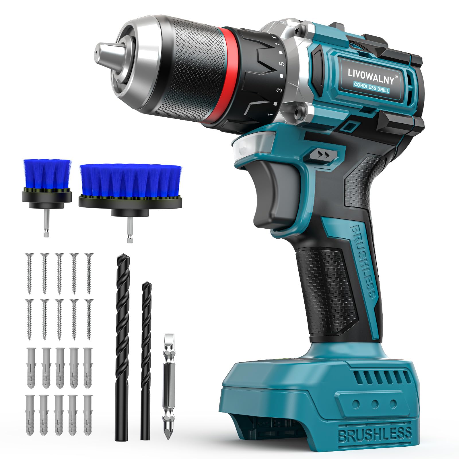 LIVOWALNY 50Nm Taladro Percutor a Bateria, Compatible con Makita 18V, Caja de Cambios de 2 Velocidades y 21 Niveles de par, Para Reformas（Solo Herramientas）-Azul