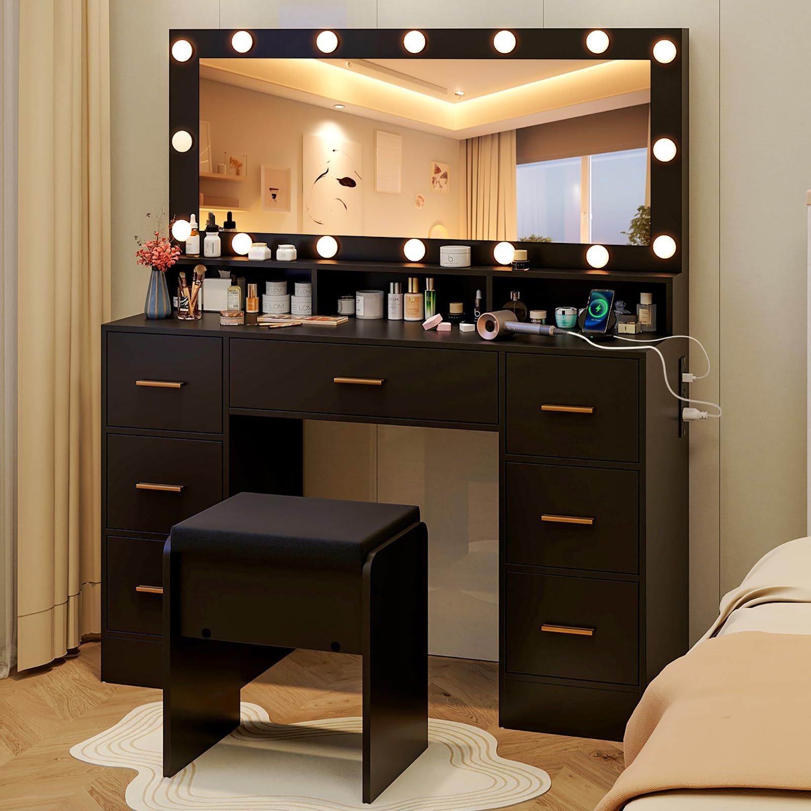 CHARMAID Vanity Desk with Large Mirror and Lights, 46.5