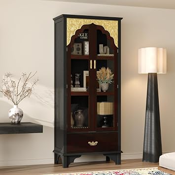 Bookshelf with Glass Doors & Drawer, 70.9" Tall Bookcase with 3-Tier Storage, Antique Wooden Display Cabinet, Vintage Storage Cabinet with Carved Panels & Golden Accents, Brown & Black