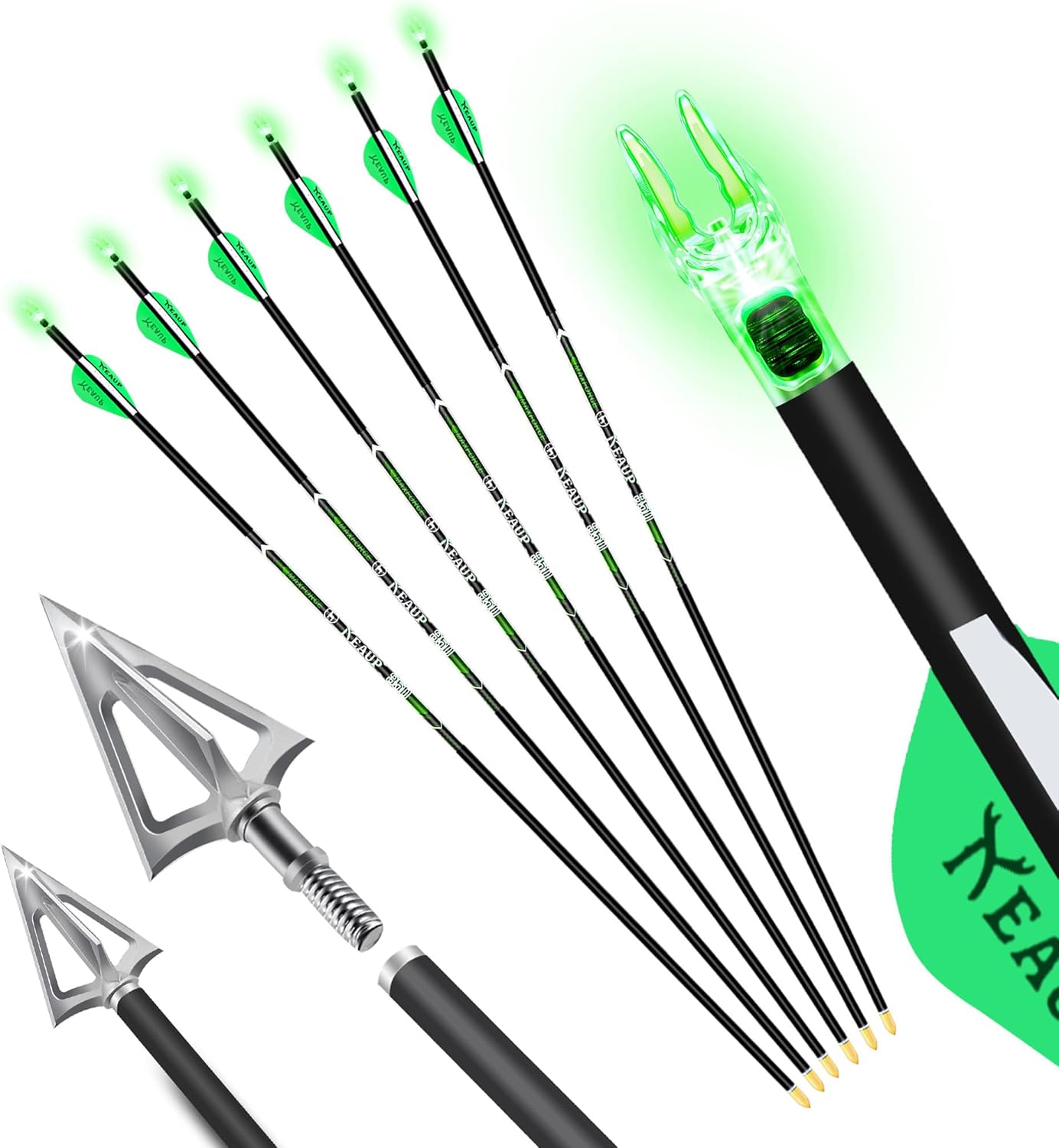 6 Pack 31 Inch Carbon Hunting Arrows with 100 Grain Hunting Broadheads and .244 Lighted Nocks Archery Arrows for Compound Bow Recurve Bow Archery Hunting